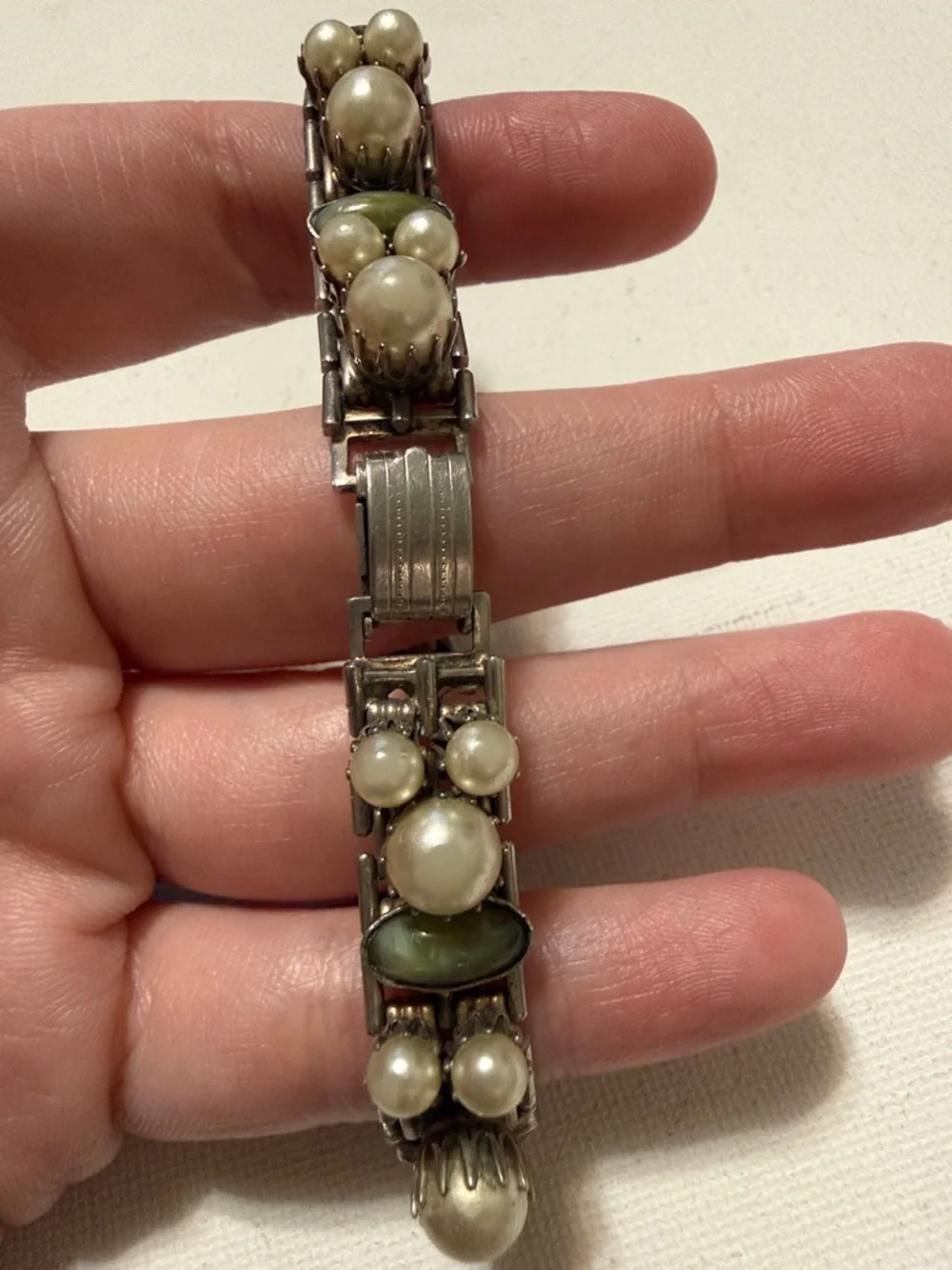 Elegant Antique Rare Multi-Color Faux Pearl and Cabochon Stretch Bracelet